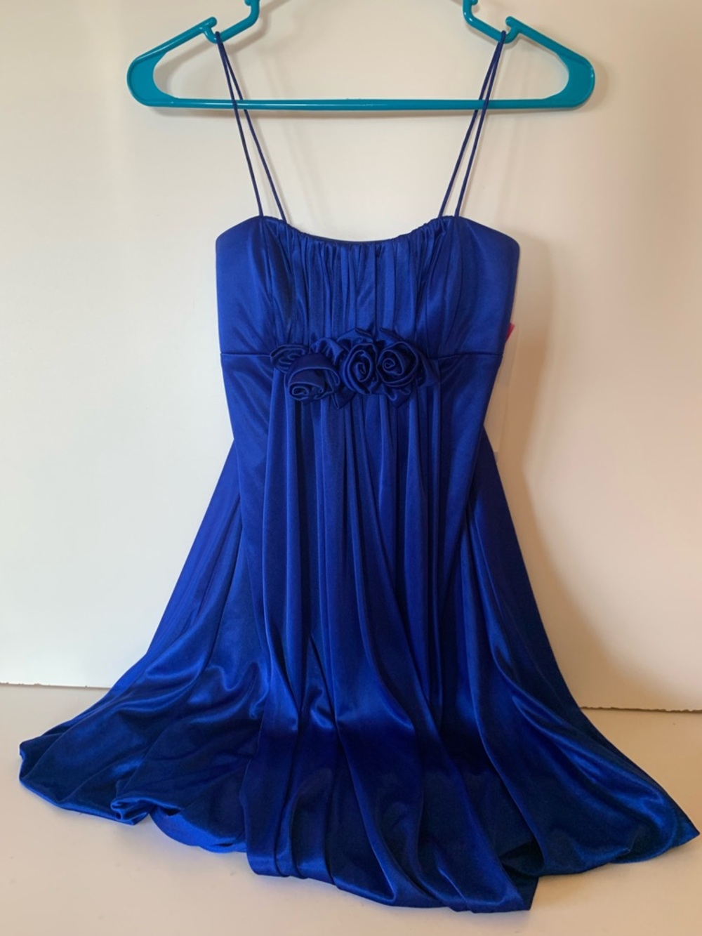 Morgan & Co. Sapphire Blue mini bubble dress spaghetti straps  Rosettes XS NWT